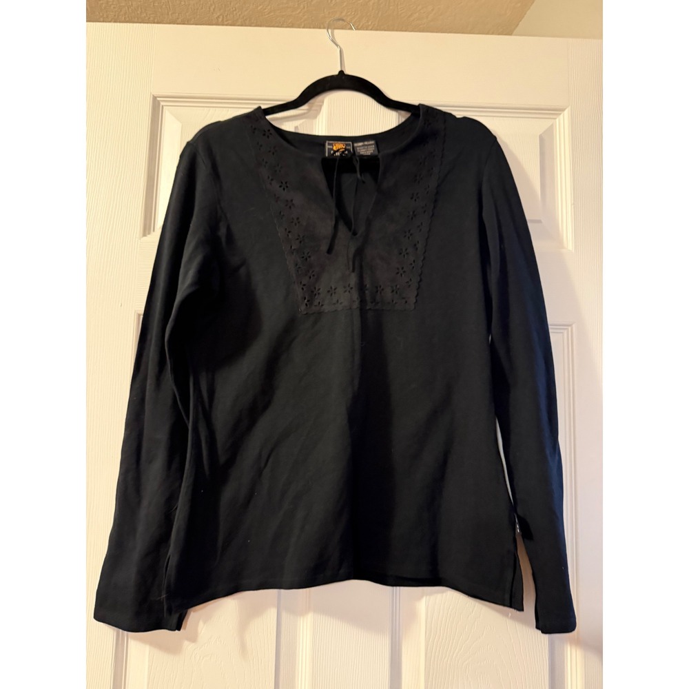 Route 66 Black Eyelet Bib Split Neck Long Sleeve Stretch Top Medium